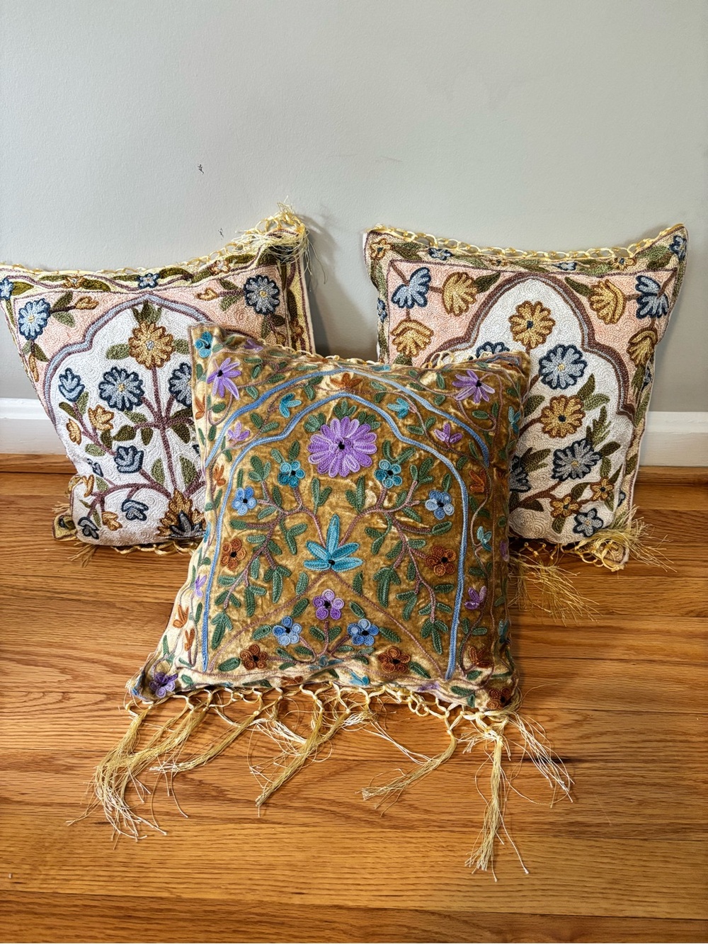 Set of 3 Boho Throw Pillows Suzani Style Floral Velvet & Canvas w Tassels